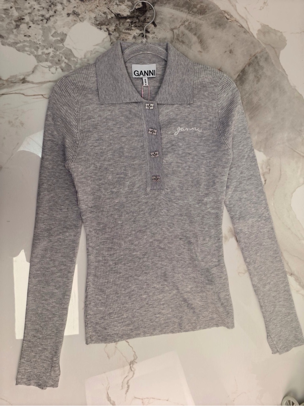 Ganni Light Gray Ribbed Polo Knit Top